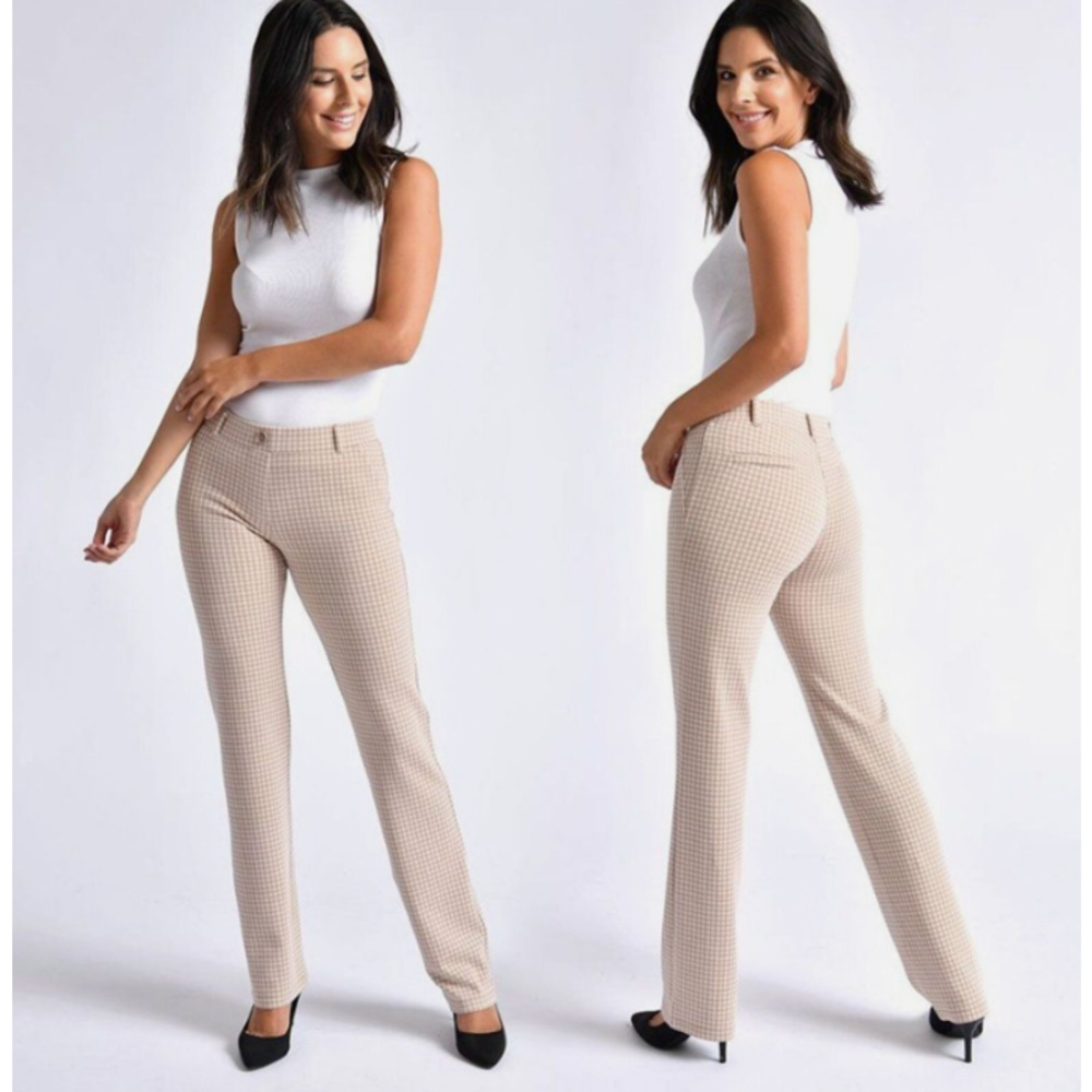 Betabrand Dress Yoga Pants straight-leg classic Taupe-Gingham Sz. L